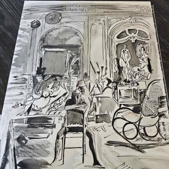 picasso's studio watercolor painting wall art handpainted original not a print - Picture 1 of 3